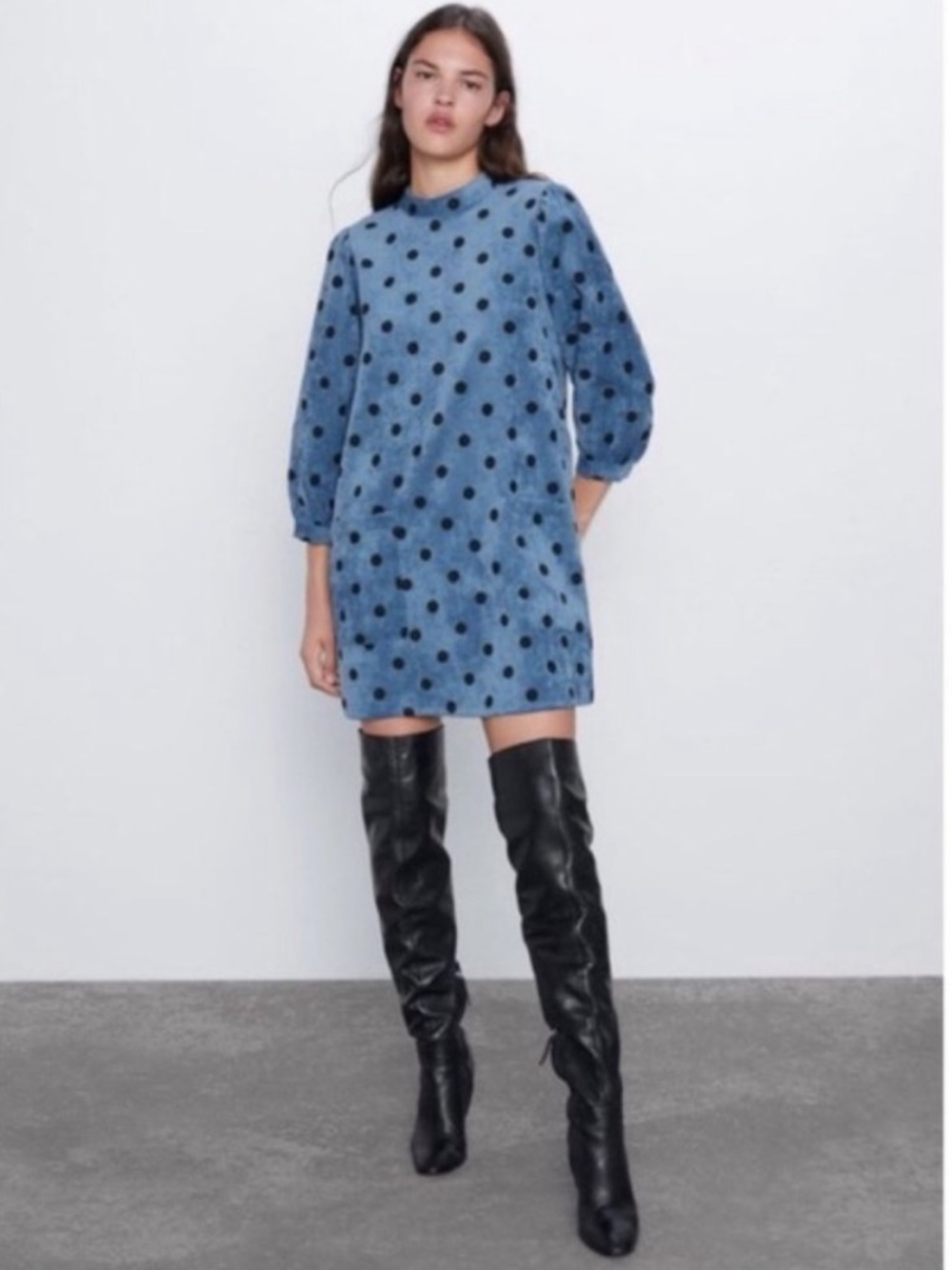 Zara Polka Dot Corduroy Puff Sleeve Shift Dress - Picture 1 of 12